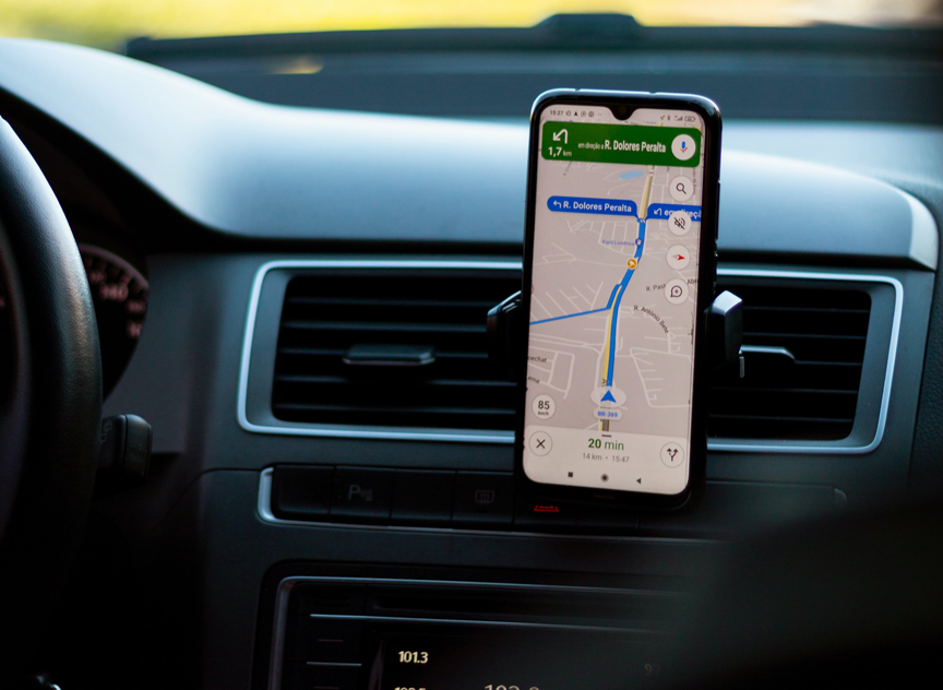 Google maps on smartphone on dashboard